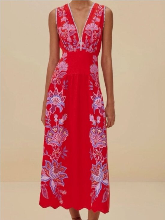 FARM Rio Dresses & Skirts - Farm Rio Porcelain Garden Red Purple Sleeveless Deep V Linen Maxi Dress XS